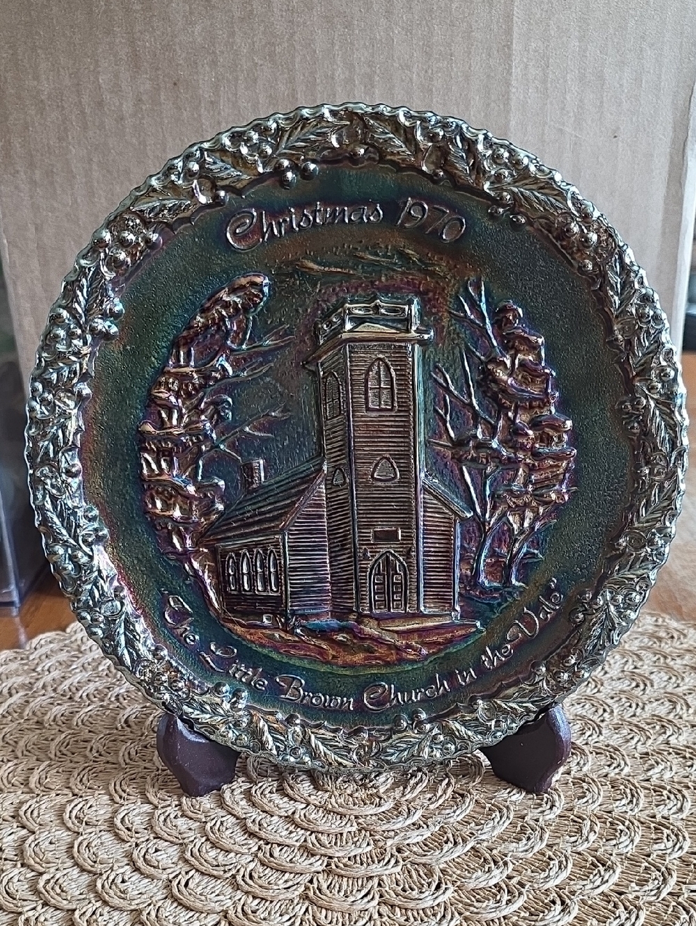 Fenton Iridescent Carnival Glass Plate-1970-The Little Brown Church in the Vale